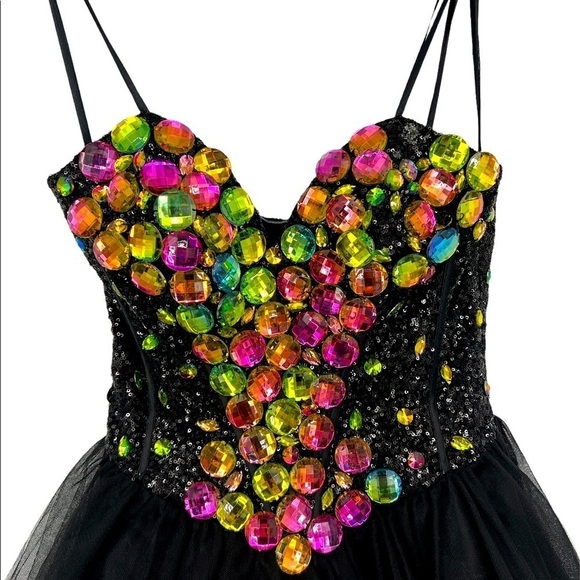 Foxy Lady Fairygoth Whemsigoth Witchy Jewel Party Mini dress SZ 8 Black - Picture 5 of 9